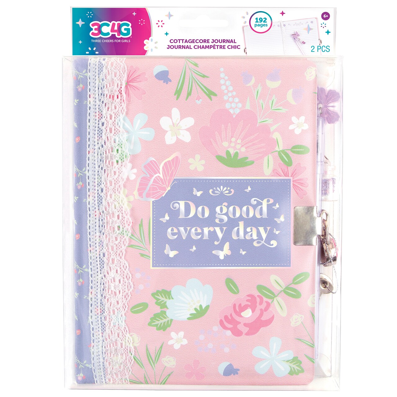 3C4G: Cottagecore Floral Locking Journal & Pen - With Butterfly Charm Pen, Make It Real, Teens Tweens & Girls, 192 Page Lined Journal, Do Good Every Day, Take Notes In Class, Sketch & Doodle, Three Cheers For Girls, Diary for Ages 6+